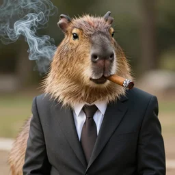 an accurate capybara animal wearing a business suit smoking a cigar in his mouth