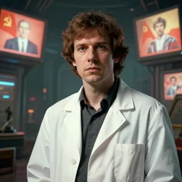 Lex Fridman as a scientist. 1980s dystopian Soviet Russia, propaganda screens. Unreal engine, fantasy art by Betty Jiang. Faithfully depicted facial expression, perfect anatomy global illumination, radiant light, detailed and intricate environment
