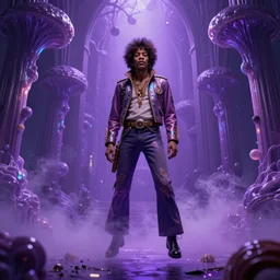 A Weirdcore Mesmerizing 8k hyperrealistic Photo Portrait of Jimi Hendrix, floating in purple iridescent mycelum solarpunk cathedral, surrounded by purple haze, By Ayami Kojima, Daytoner, Greg Tocchini, James Jean,Yoshitaka Amano. Subsurface scattering. Octane Render.