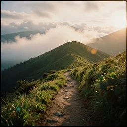 a 2 8 mm macro photo of a winding hiking trail in the mountains, fluffy clouds at sunset, lush greenery, splash art, movie still, bokeh, canon 5 0 mm, cinematic lighting, dramatic, film, photography, golden hour, depth of field, award - winning, anamorphic lens flare, 8 k, hyper detailed, 3 5 mm film grain, hazy