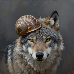 snail wolf head, oil painting, front view, artstation, dramatic lighting, symmetry, beautiful
