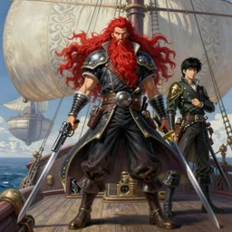 prompt : ragnarok online portrait soft light painted by james jean and katsuhiro otomo and erik jones, inspired by akira anime, epic fantasy, a long red haired, red bearded male sky - pirate standing on the deck of an airship with a pistol in one hand and a sword in another, intricate oil painting, high detail illustration, sharp high detail, manga and anime 1 9 9 9