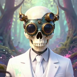 a skull wearing a steampunk plague mask, otherwordly forest, white tie, pixiv fanbox, dramatic lighting, maximalist pastel color palette, splatter paint, pixar and disney exploded - view drawing, graphic novel by fiona staples and dustin nguyen, peter elson, clean cel shaded vector art, trending on artstation