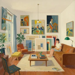 illustration intituled Painting inside painting,, painting of a living room where there is a lot of painting canva displayed on the walls, by Victo Ngai and James Gilleard and Bruce Pennington