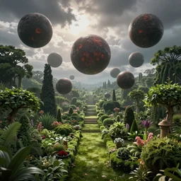 lush garden of eden with lots of spheres of hell floating around