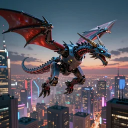 Robotic dragon flying over a mega city, HD, Cyberpunk, Neon