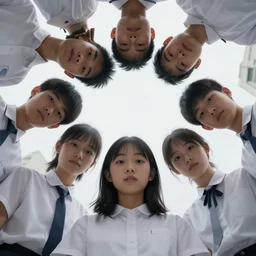 low angle shot, wide lens of group young asian student with white uniform looking at the camera, octane render, photorealism, by waterhouse, highly detailed, high quality, by beksinski, 8 k, haunting, by millaise