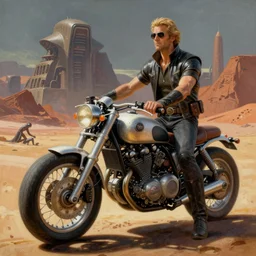 moebius and ralph mcquarrie style retro motorbike motorcycle futuristic sci - fi painting, thx 1 1 3 8, logan's run, star wars dune, the incal
