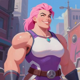 greg manchess portrait of margot robbie as very happy thick female bodybuilder zarya from overwatch with pink hair in disco elysium, epic grimdark, fantasy, medium shot, asymmetrical, profile picture, organic painting, sunny day, matte painting, bold shapes, hard edges, street art, trending on artstation, by huang guangjian and gil elvgren and sachin teng