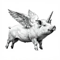 winged flying pig with unicorn horn, richard corben style, black and white, 8k