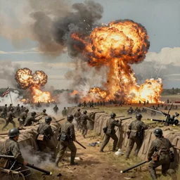 american civil war trench battle in the style of jules breton, huge explosions everywhere, clouds of smoke