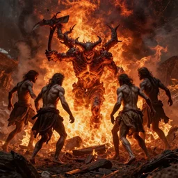 following the damned on their way to inferno, hell, fire, hyper detailled, photorealism
