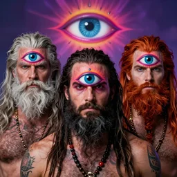 three eyed gods, third eye middle of forehead, wide wide shot, very hairy bodies, vivid colors, eye in forehead, beautiful lighting