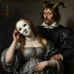 a renaissance painting of an exhausted woman in mask, a man in a suit with horns stands behind her