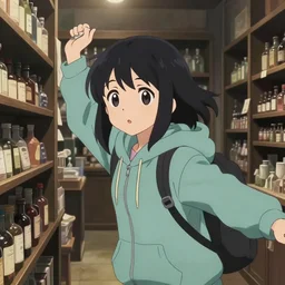 anime visual, portrait of a young female traveler wearing a hoodie, black hair, in potion shop interior shopping, low light, cute face by ilya kuvshinov, yoh yoshinari, makoto shinkai, katsura masakazu, dynamic pose, dynamic perspective, cel shaded, flat shading mucha, crisp and sharp, rounded eyes, moody, detailed facial features