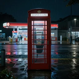 dark, at night, panoramic view of a single phone booth on a rainy day, a 6 0 s gas station in the background, behance hd by jesper ejsing, by rhads, makoto shinkai and lois van baarle, ilya kuvshinov, rossdraws global illumination, 4 k artstation, unreal engine