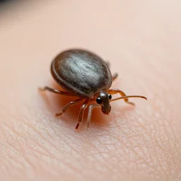 a tick feeding off human body, close up detail