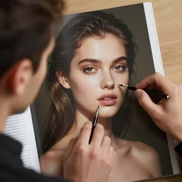 -A man is changing his face into a beautiful female model's face in the fashion magazine.