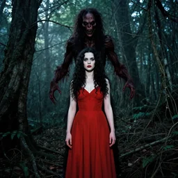 joshua middleton, edwin austen abbey, full body, pretty alyson hannigan, evil dead demon, evil dead movie, red dress, symmetrical eyes, symmetrical face, long curly black hair, trees, forest, branches, cinematic lighting, evil dead creature, scary, blood