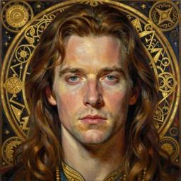 hyper realistic painting portrait of jim varney, occult diagram, elaborate details, detailed face, intrincate ornaments, gold decoration, occult art, oil painting, art noveau, in the style of roberto ferri, gustav moreau, david kassan, bussiere, saturno butto, boris vallejo