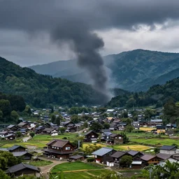 tornado in a japanese village in the mountains