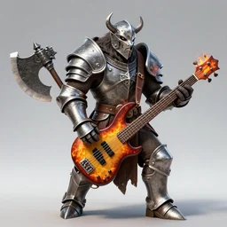 photo realistic bugbear, class hunter, d & d, dungeons and dragons, ornate steel armour, playing flaming axe bass guitar, beard, male, strong outline, character design on white background, gnarly details, by kim jung giu, trending on artstation, denoised