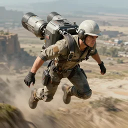 young engineer hovering above the ground on a jetpack, terrain in the background, long shot, motion blur, sharp focus, illustration, highly detailed, sci - fi, artstation, octane render, unreal engine,