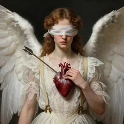 an angel with an arrow through her heart wearing a blindfold and intricate and detailed lace set, suspenders, honey birdette, realistic renaissance portrait, highly detailed, digital painting, artstation, concept art, smooth, sharp focus, illustration, cinematic lighting, art by john collier, artgerm and greg rutkowski and alphonse mucha and jacques louis david and john william godward