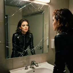 cinestill 5 0 d candid photographic portrait by quentin tarantino of a beautiful mixed feminine man wearing black techwear and light makeup looking in a broken bathroom mirror, rundown new york apartment, full shot, retrofuturism grunge cyberpunk lights shadows refraction, 3 5 mm, f / 3 2, 4 k, 8 k, hd, high resolution, ultra realistic faces, intricate detail, clockwork orange