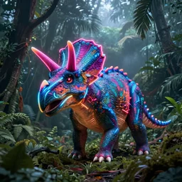 neon triceratops in a foggy jungle by magali villeneuve and greg rutkowski