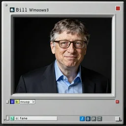 linkedin portrait of bill gates trapped in a inside of windows 95, a prison of his own making