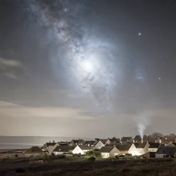 a beautiful double exposure of the astronomy picture of the day, nebula, with a rural seaside village! landscape at night, soft white light, muted, neutral light, light blue tones, chimney smoke, long exposure clouds, unreal engine