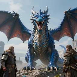 a ultrarealistic hyperrealistic matte painting 3 d render of a gigantic blue dragon, by jakub rozalski and lorddoomhammer and simon stalenhag : 7 ray tracing, photorealism, high quality, 8 k, 8 k resolution, 4 k, 4 k hd, hdr, blurry, smooth, airbrushing, soft lighting, dynamic lighting, cinematic lighting, epic : 3