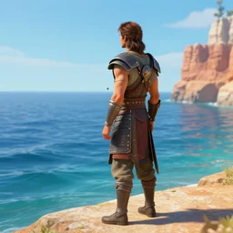 full length portrait of a male warrior standing on the shore looking out at the ocean, rendered in bryce 3 d, water ripples, vibrant color, depth of field, cinematic, focused, rule of thirds, trending on artstation, by greg rutkowski and artgerm and alphonse mucha