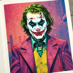 detailed grainy risograph, the joker with cyborg body, cyberpunk, vivid colors, by moebius and lehr paul and kim jung gi