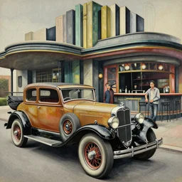 inked portrait of 1 9 3 0 s cars parked outside a bar, modern art deco, colorful, mads berg, christopher balaskas, victo ngai, fine texture, detailed, muted colors, dynamic composition, matte print, wide angle, moody, very grainy texture
