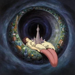 a utopian city resting on the tongue of yog-soggoth as he slumbers curled around a wormhole in outer space by Ralph McQuarrie