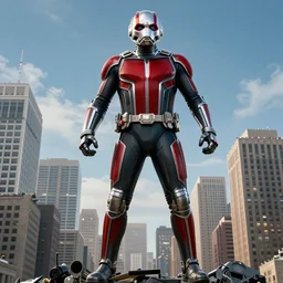 Film still, Antman grows to an enormous size, towering over a city, from the Marvel movie 'Ant-Man and the Wasp' (2018)