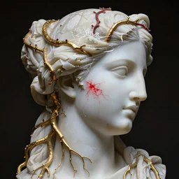 photo of a part human part white marble greek goddess face profile sculpture entwined by golden roots and crimson vines, flesh shows at parts under the broken marble, red kintsugi, symbolist, visionary, entwined with iridiscent fractal lace, cinematic lighting,