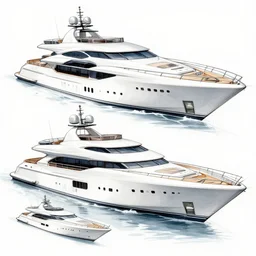 sketches of super yacht, on full page, technical, detailed
