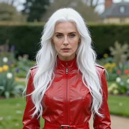 portrait of a woman wearing shiny red transparent leather suit in an english garden, english face, refined features, moon goddess, long snow - white hair by jean gerome, edward hopper and james jean, hyper detail, 8 k, high resolution, ultra detailed