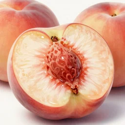 highly detailed painted still image of large peach halves
