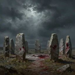 detailed photorealistic matte painting bloody ritual stone circle ominous sky greg rutkowski noah bradley