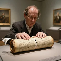 a crackhead in a museum, rolling the original declaration of independence into a joint, 8k