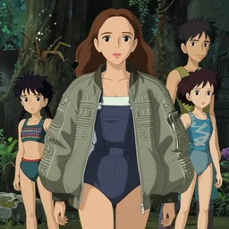 beautiful boyish natalie portman in majora's mask, wearing elegant oversized mayan bomber jacket with overalls and leotard, bulky poofy bomber jacket with subtle mayan patterns, aztec bathing suit, gapmoe yandere grimdark, trending on pixiv fanbox, painted by greg rutkowski makoto shinkai takashi takeuchi studio ghibli, akihiko yoshida
