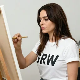 monica belluci wearing a shirt with the word GRW on it, painting, hyper-realistic