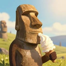 a moai eating large ice cream, digital art, golden hour time, bright, low depth of field trending on artstation