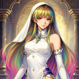 the portrait of a neutral rainbow colorful female cleric bard as absurdly beautiful, gorgeous, elegant, skinny gravure idol, an ultrafine hyperdetailed illustration by kim jung gi, intricate linework, detailed faces, sharp focus, bright colors, octopath traveler, final fantasy, unreal engine 5 highly rendered, global illumination, radiant light, detailed and intricate environment