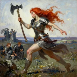 An oil painting of a beautiful red-haired woman running with a war-axe, very aesthetic, detailed face, by Frank Frazetta, Greg Rutkowski, Boris Vallejo, Neal Hanson, Christian MacNevin, epic fantasy character art, goddess of war, detailed celtic hide armor, high fantasy, full length, exquisite detail, post-processing, low angle, masterpiece, cinematic, moors in background