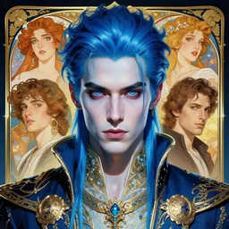 portrait of a beautiful cyberpunk man with blue hair, beautiful symmetrical face, blueish, fantasy, regal, by stanley artgerm lau, greg rutkowski, thomas kindkade, alphonse mucha, loish, norman rockwell.
